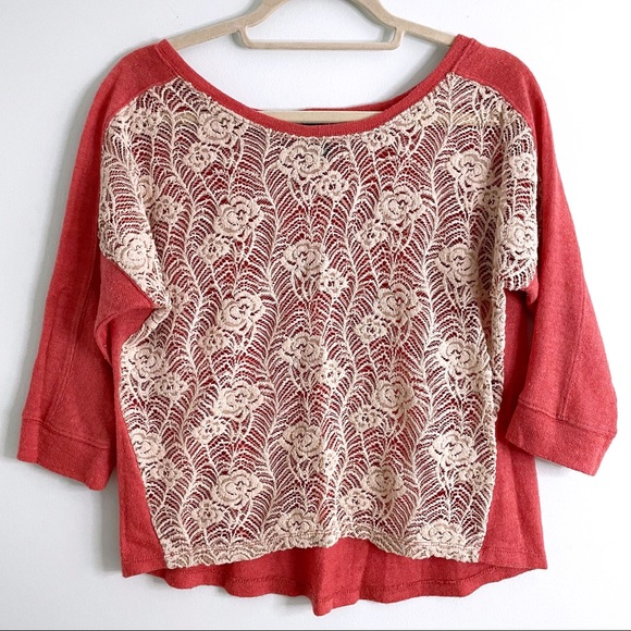 Lace Front Panel Sweater Blouse in Coral Pink w/ Macrame Open Stitch by Wet Seal - Picture 2 of 5